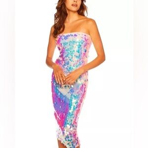 Susana Monaco Strapless Sequin Midi Dress in Pink and Blue Iridescent